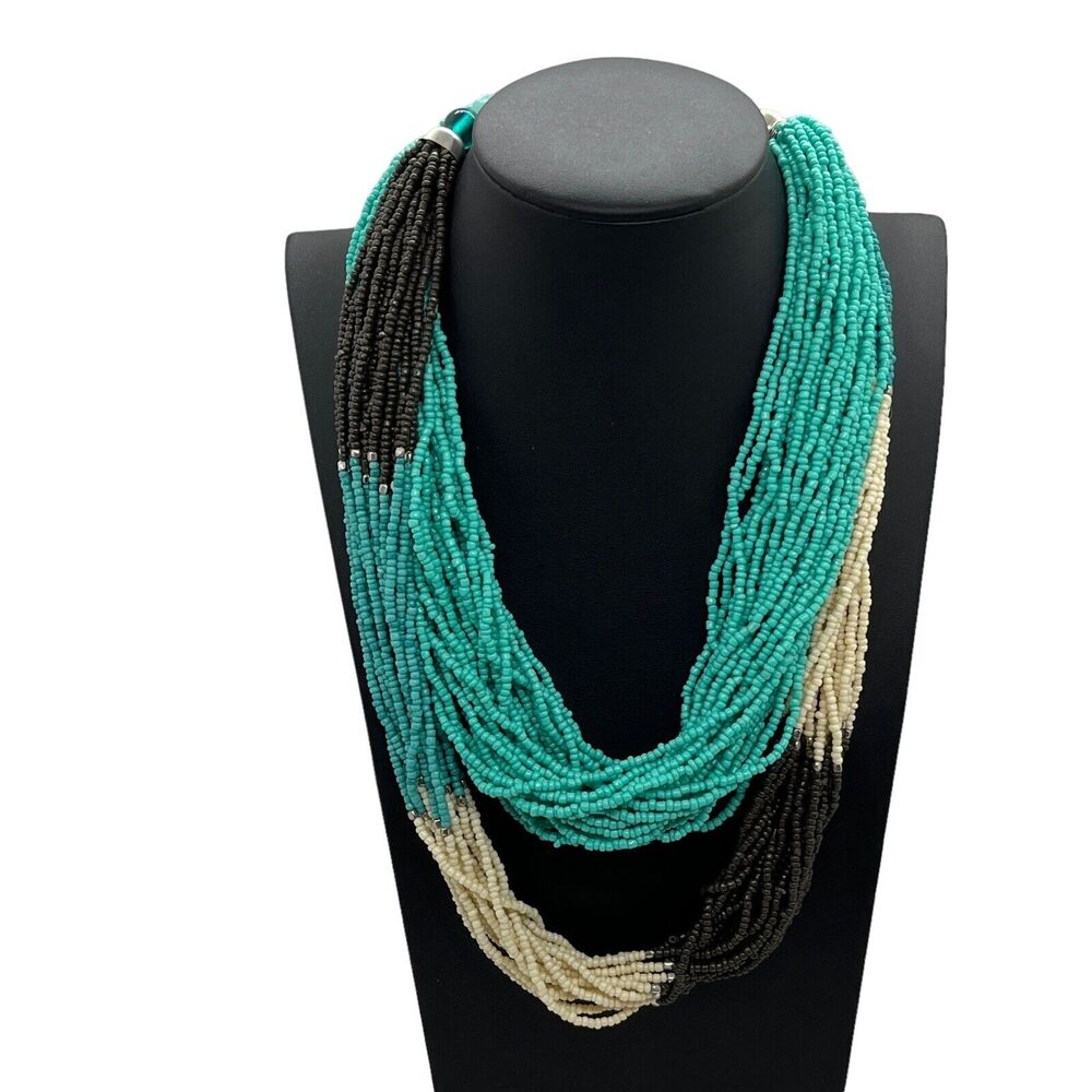 Beaded Necklace Set of Two Opera Length in Brown Blue Cream Retro Multi-strand